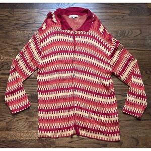 VTG Silversilk Cardigan Sz Large Geometric Orange Red Grandpa Big Lebowski